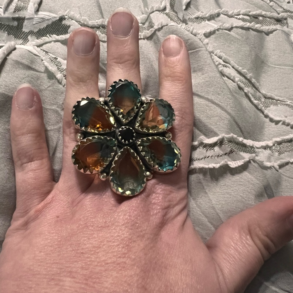 Sterling silver adjustable orange and blue glass flower ring